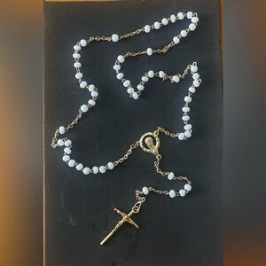 Gold and White Beaded Necklace with Cross Pendant